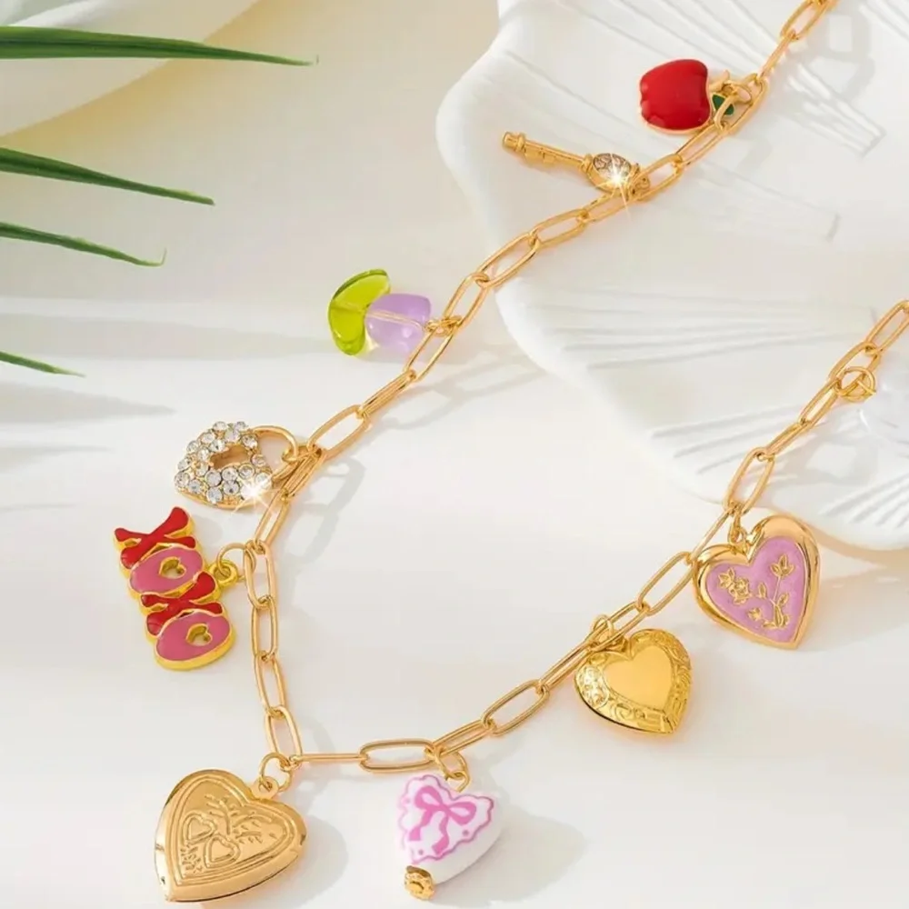 NEW Gold Heart Charm Necklace with Retro Y2K Pendants